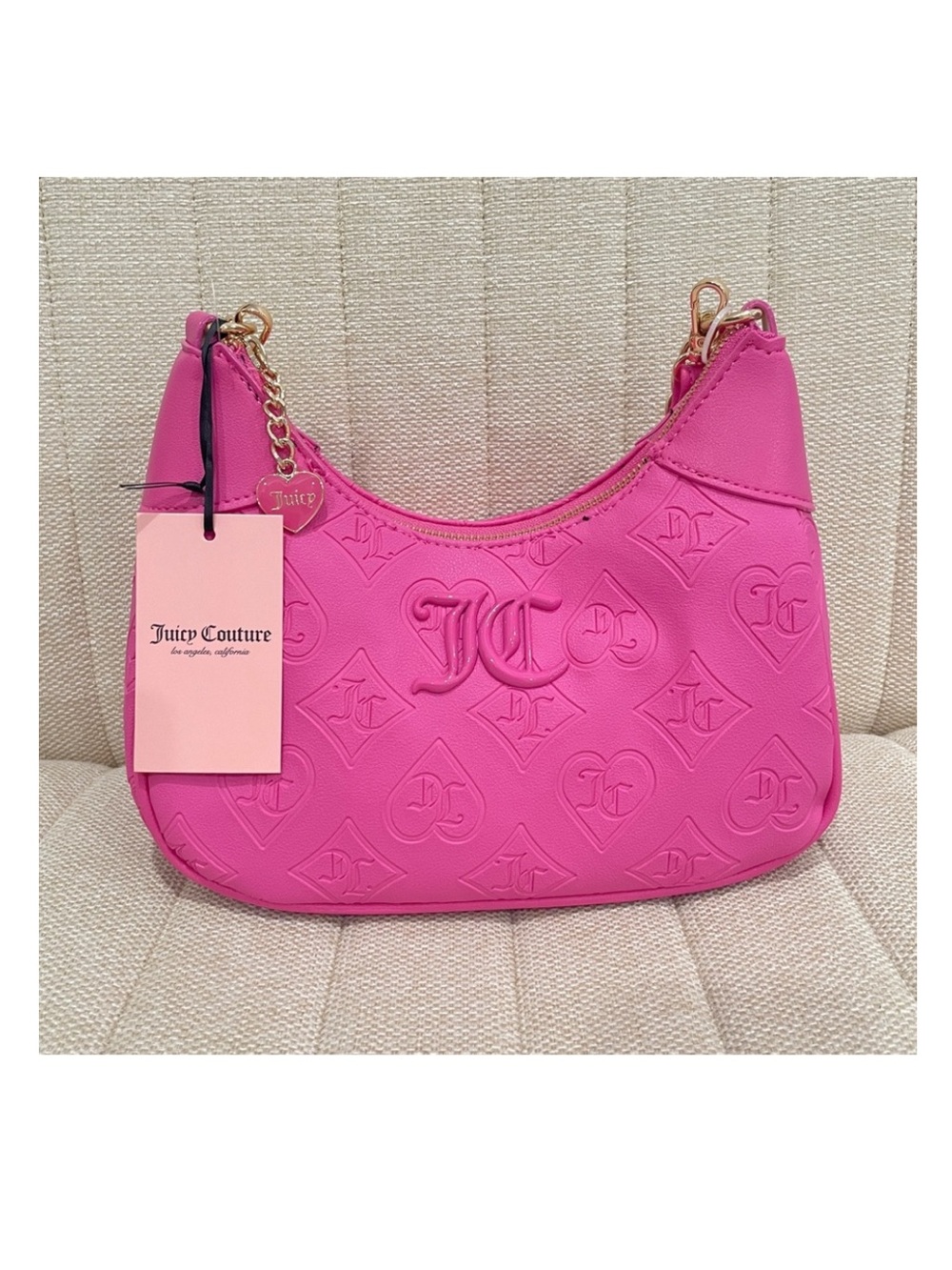 NEW Juicy Couture Hot Pink Embossed Monogram Heart Hobo Crossbody Bag